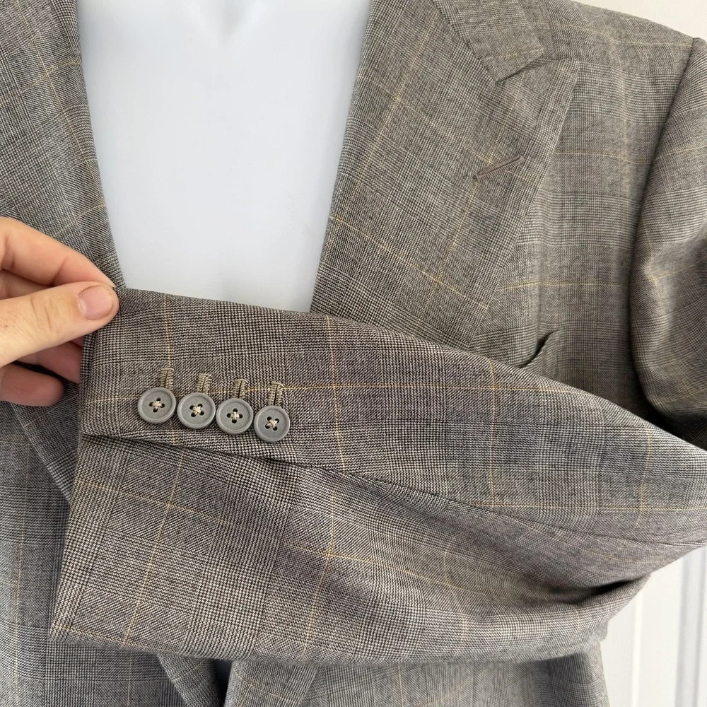 Vintage Alan Flusser Sport Coat Mens 44R Gray Glen Plaid Wool Tweed 80s Academia